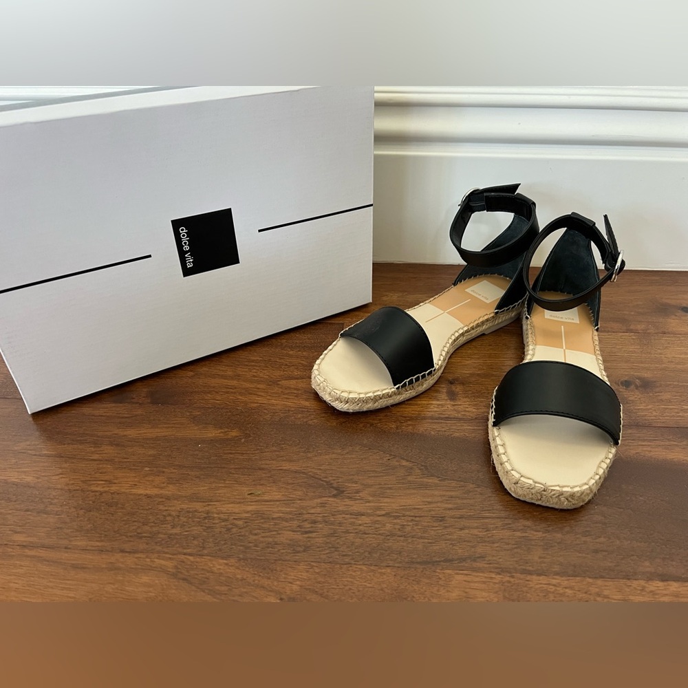 NWT Dolce Vita Espadrille Sandal Black Leather Women’s Size 7.5